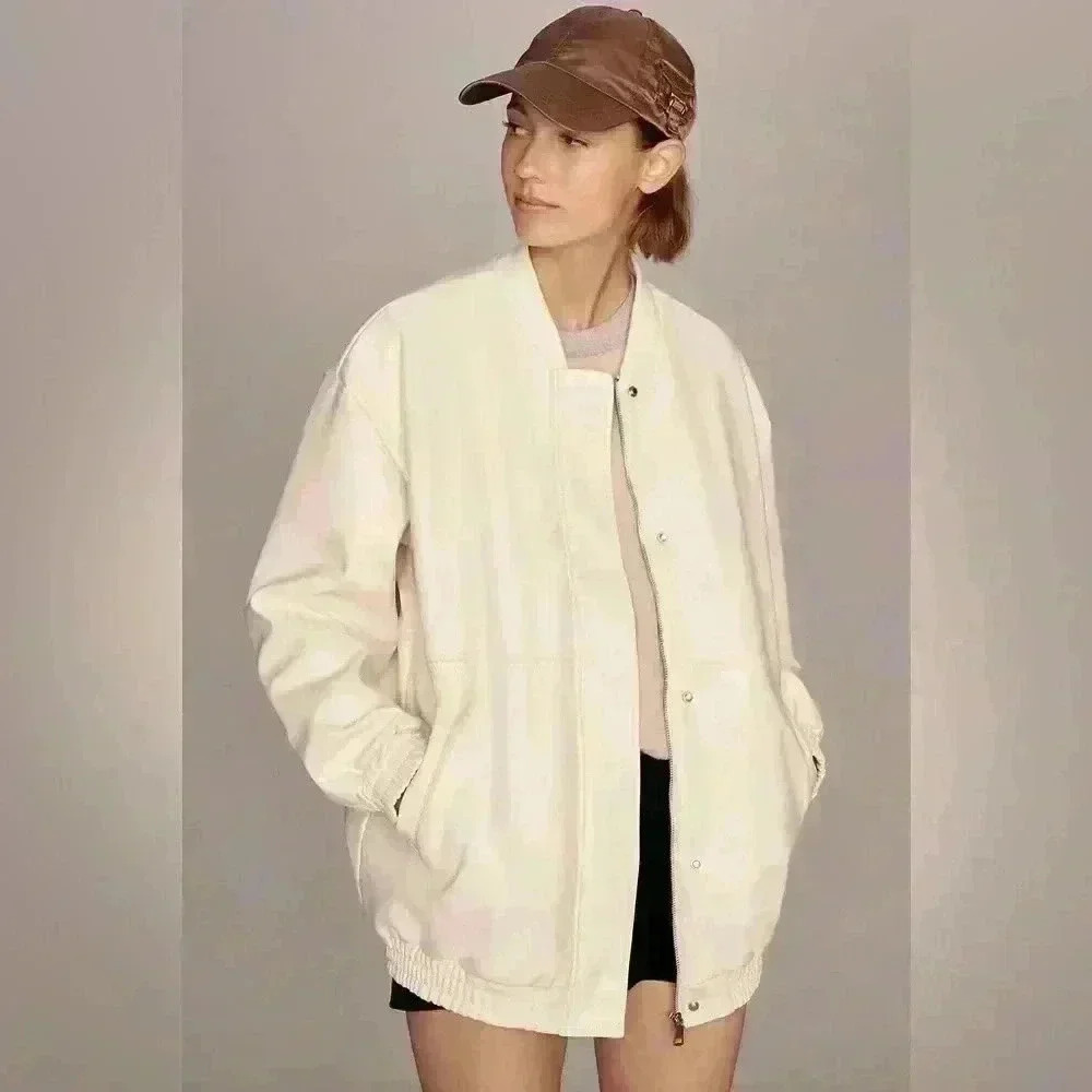 Maeve by Anthropologie ivory women's Oversized Faux Leather Bomber Jacket size L